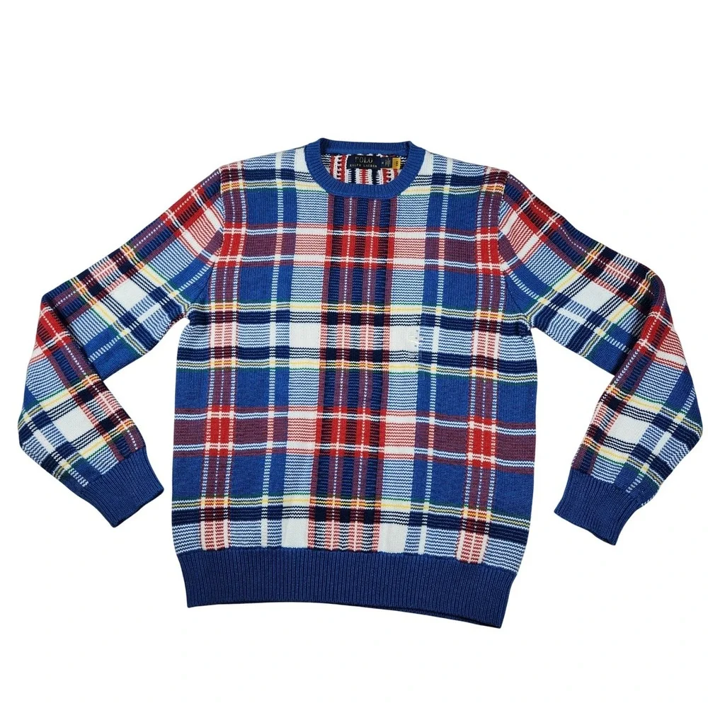 Polo Ralph Lauren Holiday Tartan Plaid Crewneck Sweater Mens M Blue Red NWOT‎